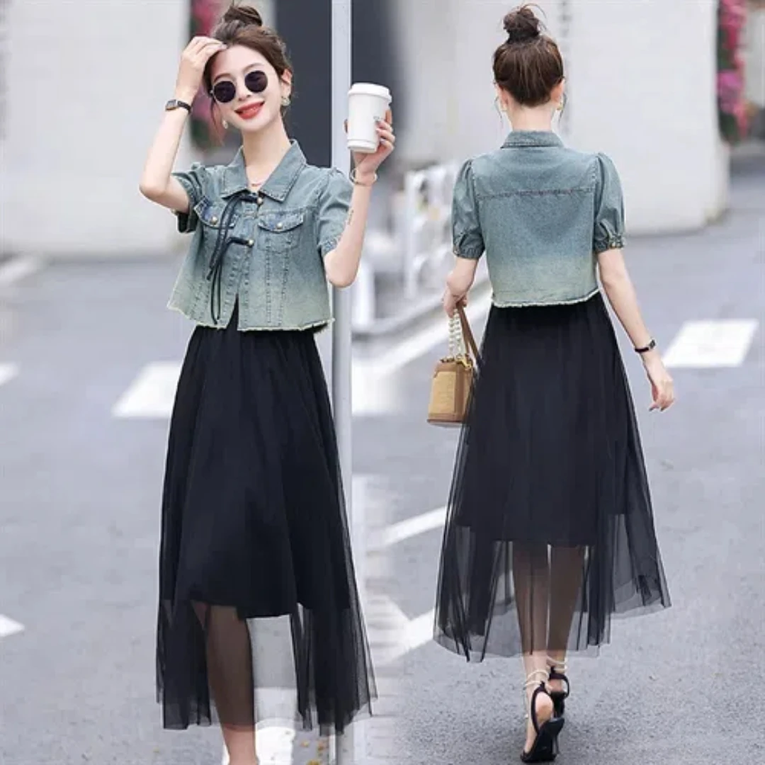 Women's Casual Denim Jacket Tulle Skirt Medium Long Elastic High Waist Pleated Mesh Flowy A-Line Party Long Puffy Skirt