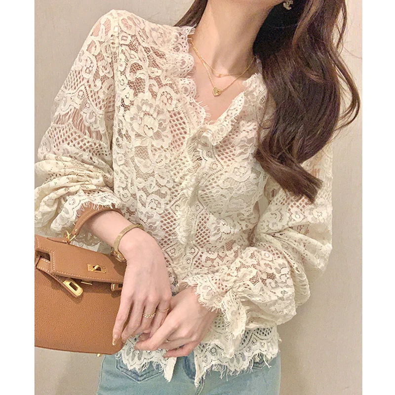 Women's Clothing 2024 Spring Autumn Sexy Hollow Out Lace Chic Vintage T-shirts Female Casual Solid V Neck Slim Long Sleeve Tops