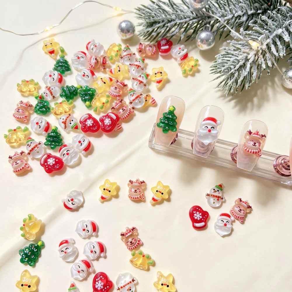 Christmas 50pcs Mixed Nail Charms, Jelly Candy Style Cartoon Santa Snowman Tree Elk Resin Nail Decors For DIY Xmas Nail Supplies