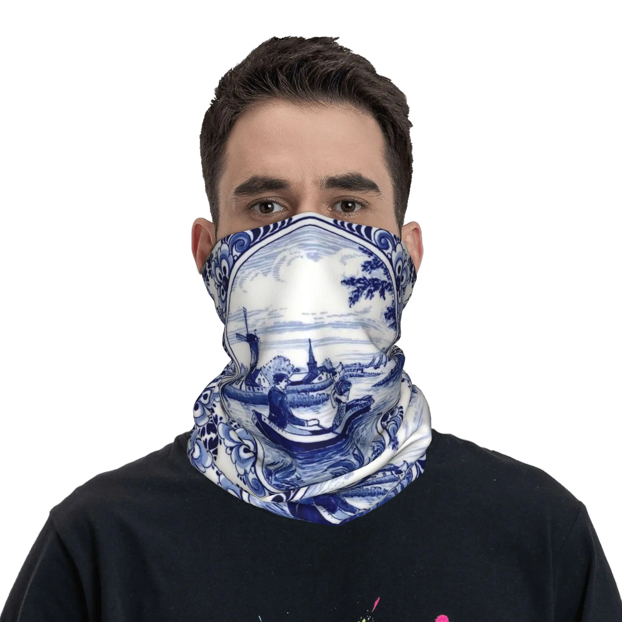 

Dutch Blue Delft Windmill Church and Sailboats Print Bandana Neck Gaiter Printed Face Scarf Headwear Cycling for Men Women