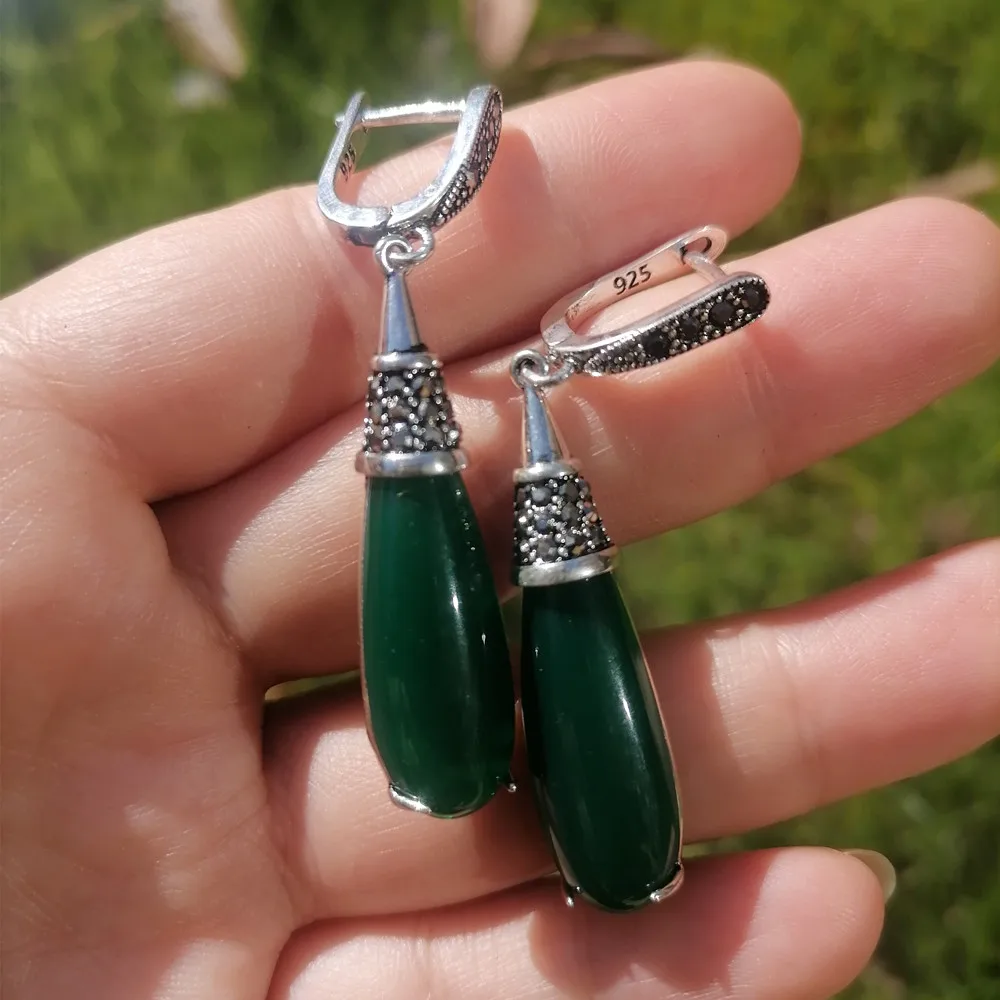 Ajojewel Green Stone Vintage Earrings Woman Old Style Silver-color Hollow Design Ear Drops With 925 Mark