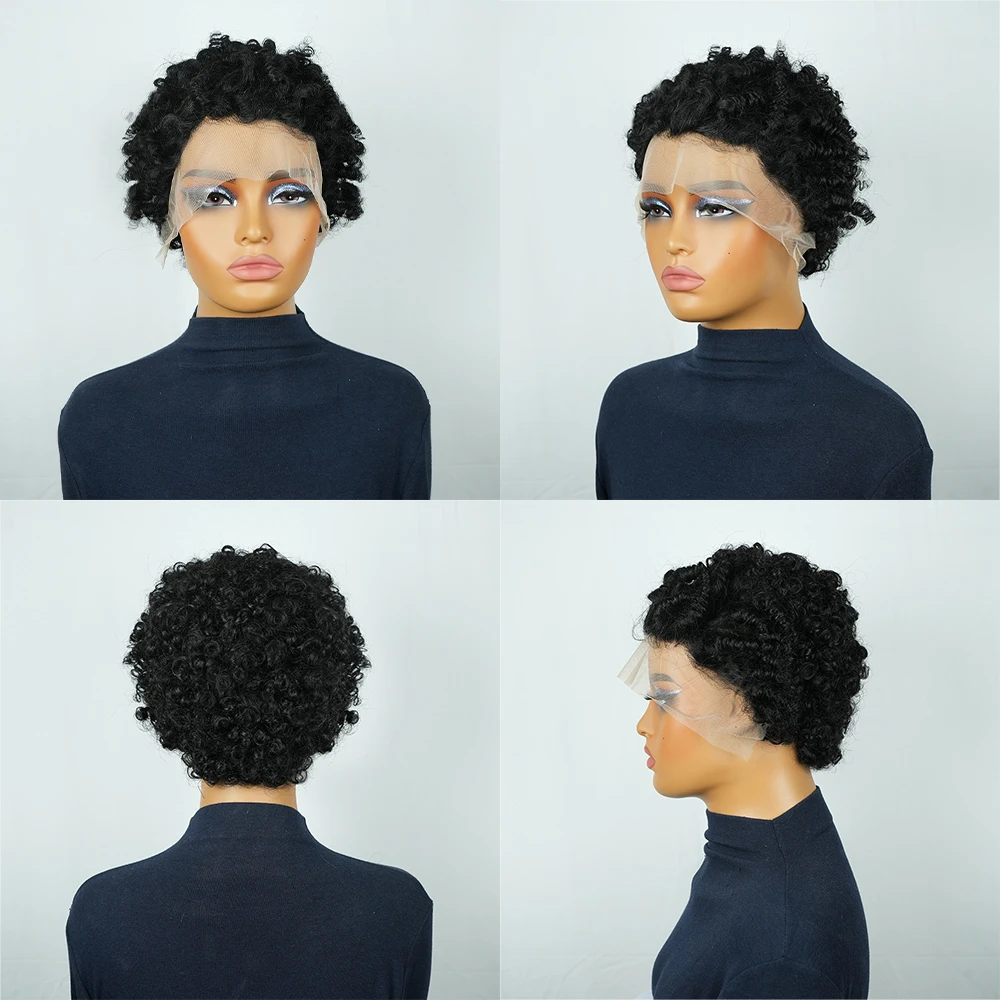 13×4 레이스 프론트 인모 가발 짧은 픽시컷 가발 곱슬곱슬한 브라질 레미 헤어 글루리스 가발 여성용 100% 인모 가발