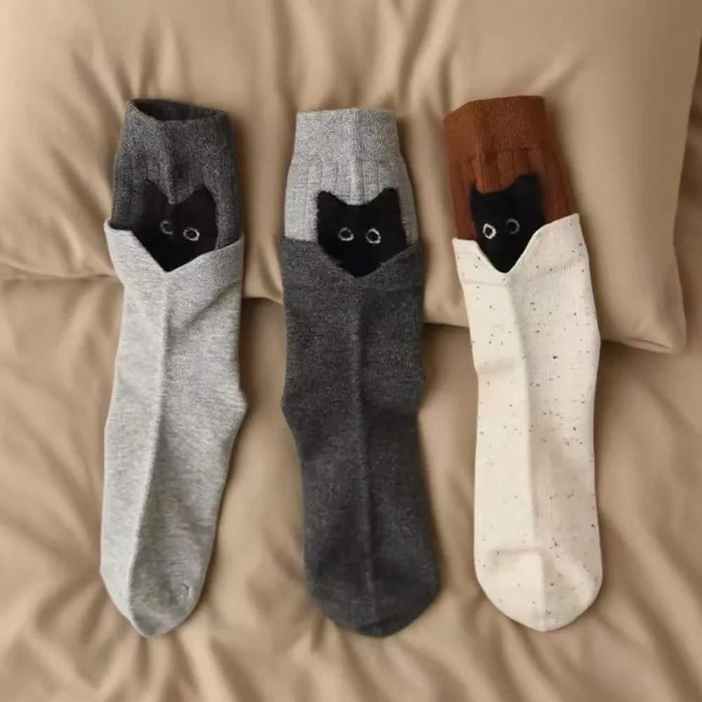 Practical Breathable Mid-Tube Socks Color Blocking Comfortable Cat Socks Korean Style Cartoon Women Socks Gifts