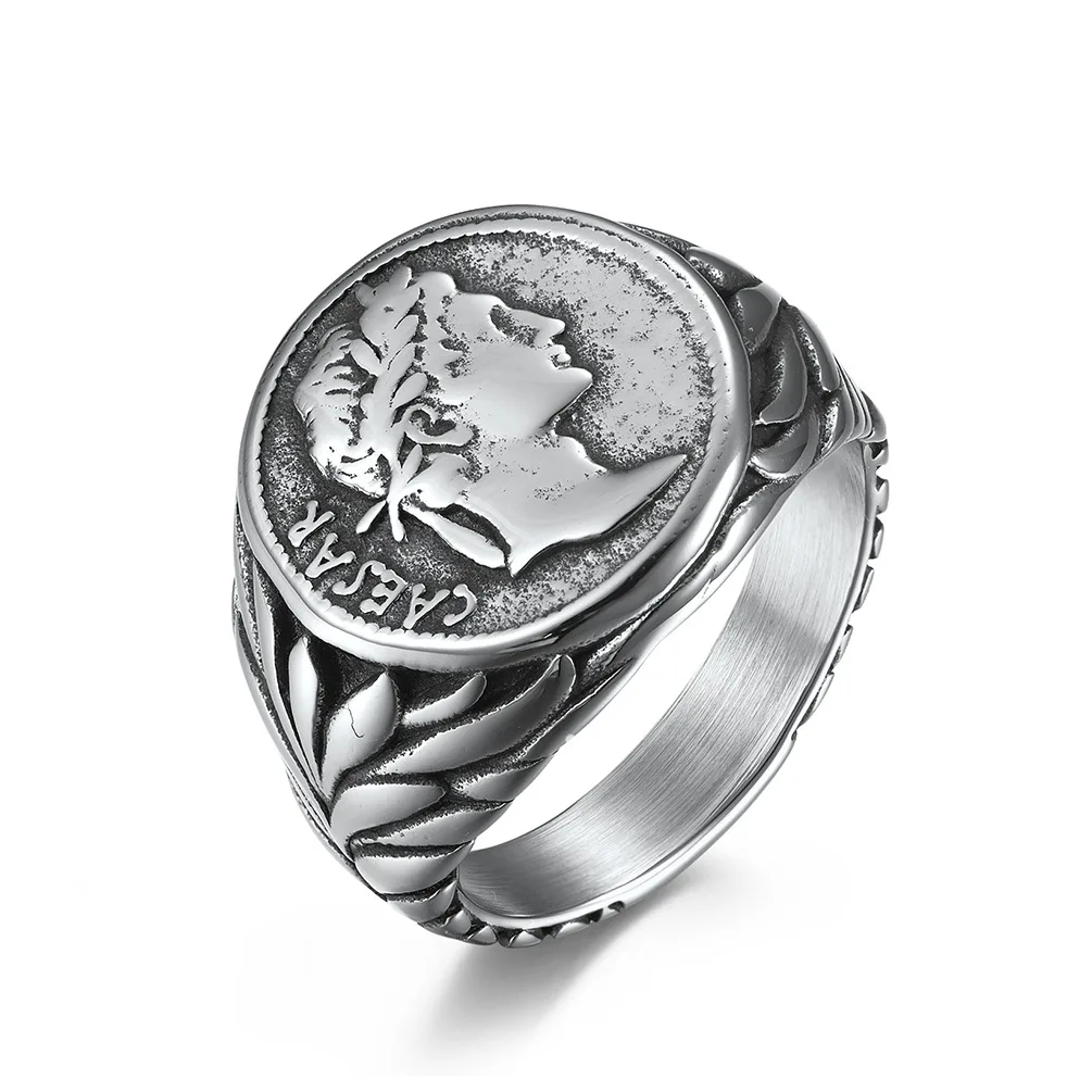 Vintage Roman Emperor Caesar Stainless Steel Ring Punk Coin Caesar Head Ring Banquet Jewelry Gift