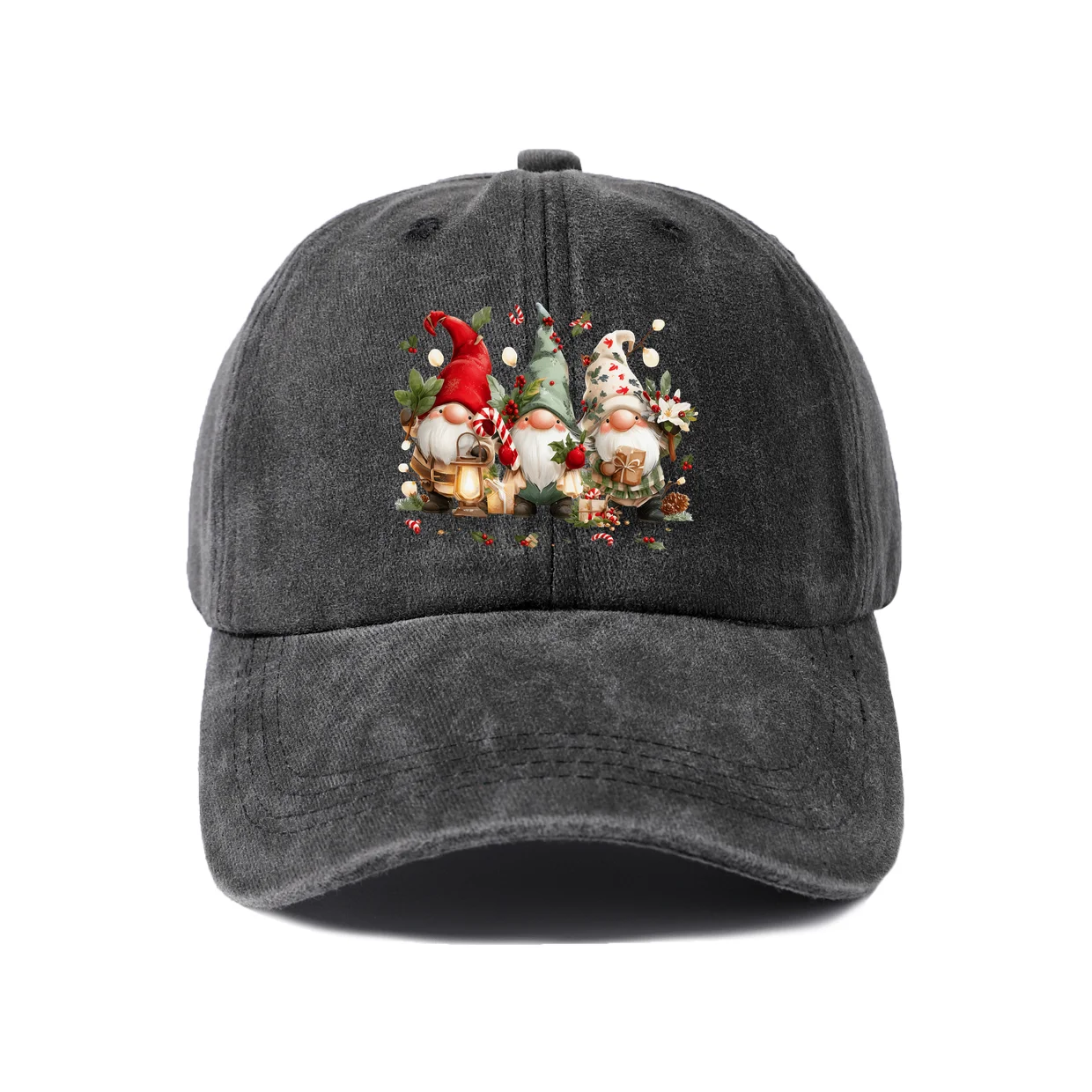 Retro Christmas Gnome Pair Baseball Cap, Vintage Washed Adjustable Unisex Dad Hat, Casual Gift
