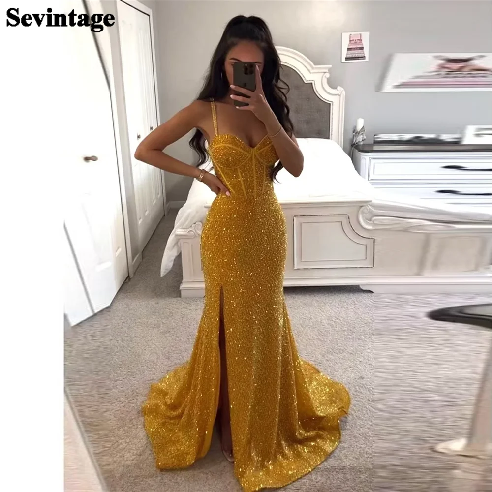 

Sevintage Elegant Mermaid Glitter Sequin Evening Dress Spaghetti Strap Backless Floor Length Fashion Occasion Prom Gown 2024