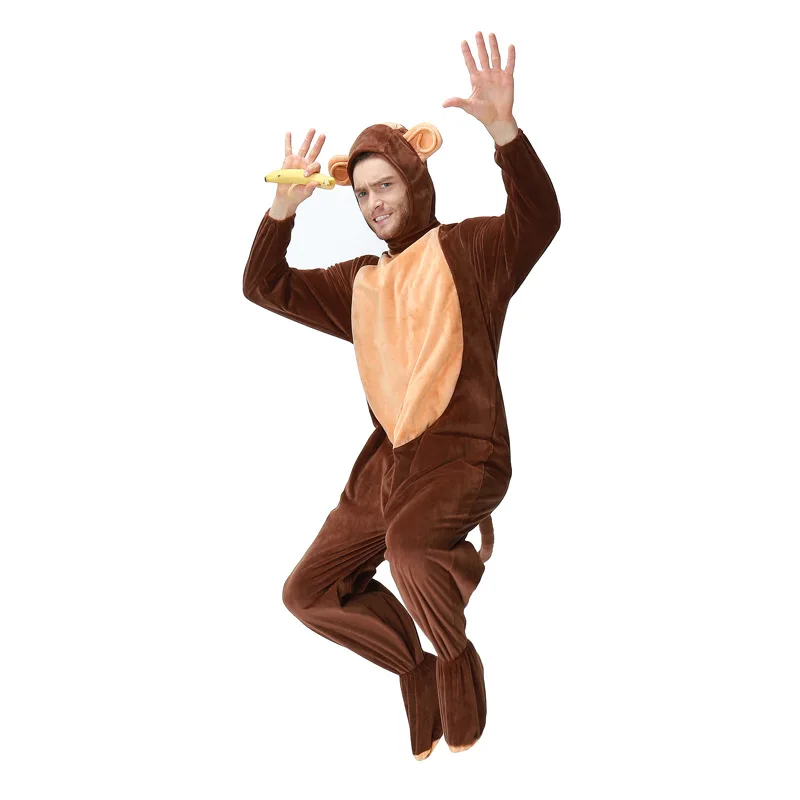 Unisex Adult Monkey Costume for Men Women Hoodie Jumpsuit With Shoes Velvet Halloween Purim Animals Theme Fancy Dress Umorden