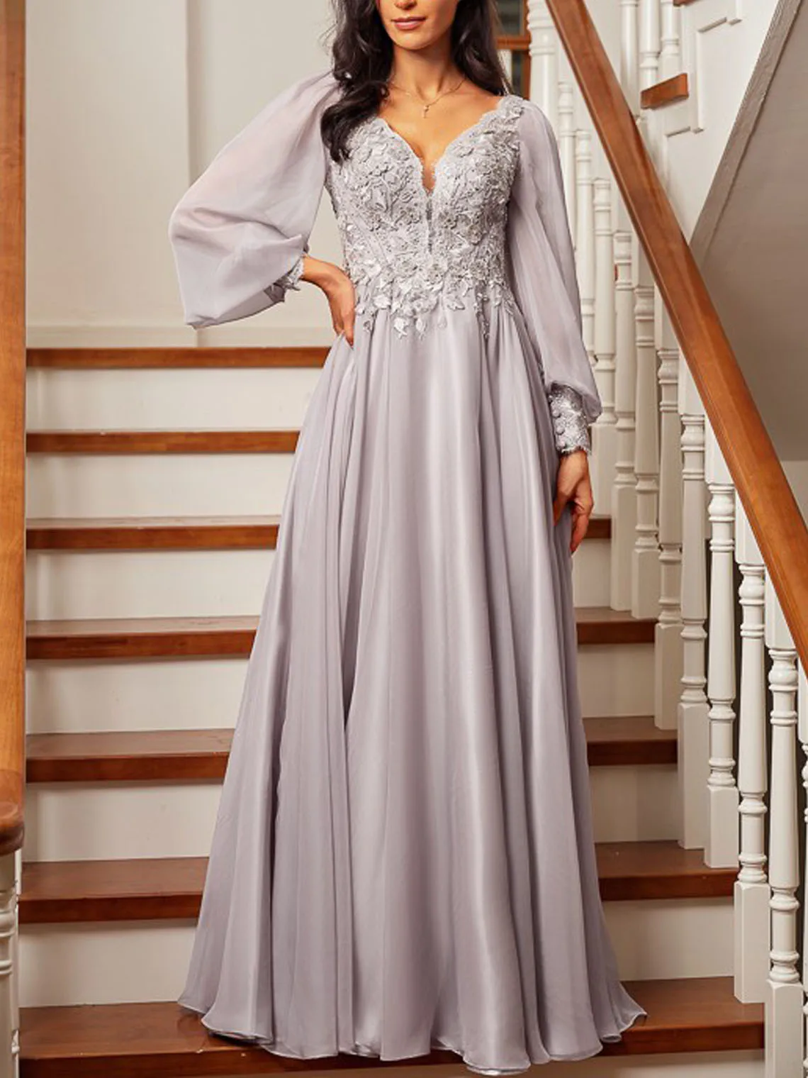 

Elegant A-Line Formal Evening Dress Long Sleeve Chiffon V-Neck Floor-Length Applique Wedding Guest Dress 2025 free customized