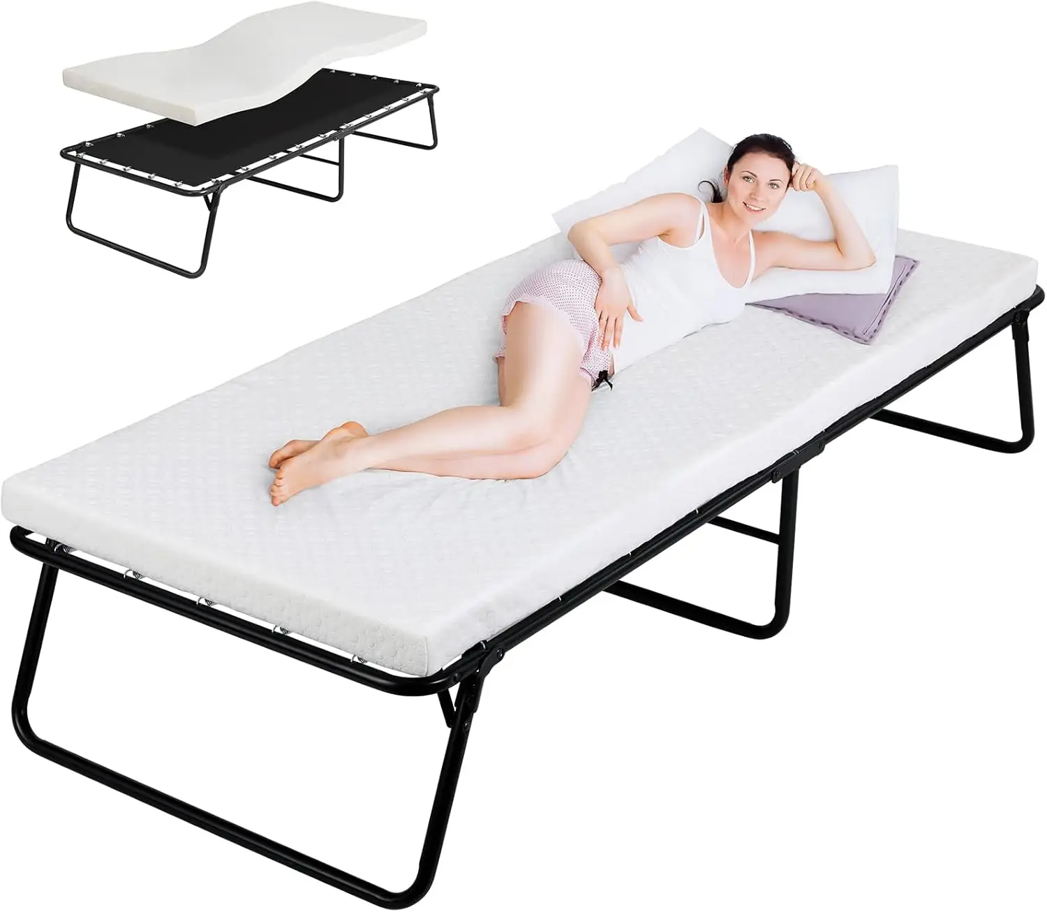 

Folding Bed,Rollaway Bed with Mattress for Adults,Foldable Bed,Portable Bed,Metal Bed Frame with Memory Foam Mattress