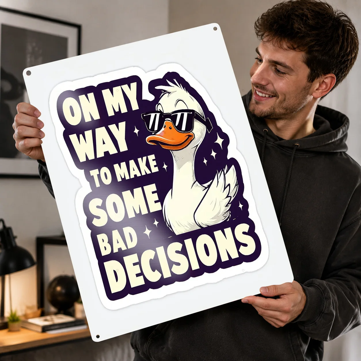 Funny Duck Making Bad Decisions 3D Texture Metal Poster Customized Wall Art Tin Sign Gift for Mancave Decoration Home House Room