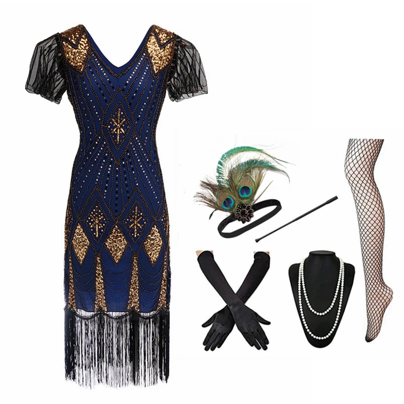 Robe Femme 1920s Flapper Gatsby Party Charleston Sequined Cocktail Weeding Beaded Tassel Dresses Banquet with Accessories