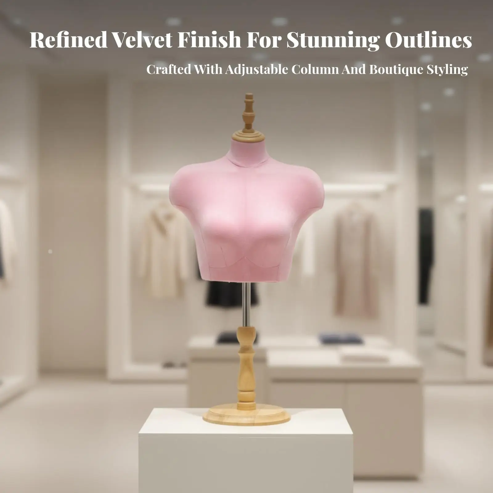 Suede Woman Half Body Mannequin Bust with Metal Rod and Round Wood Base for Boutique Garment Display