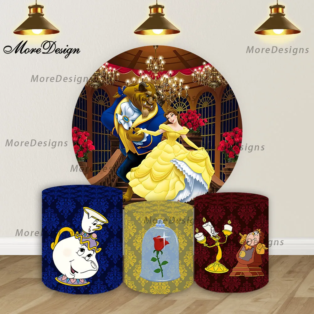 Housse de fond de scène ronde La Belle et la Bête, Housses cylindriques pour anniversaire Princesse Disney et Baby Shower, Fond photo en vinyle polyester