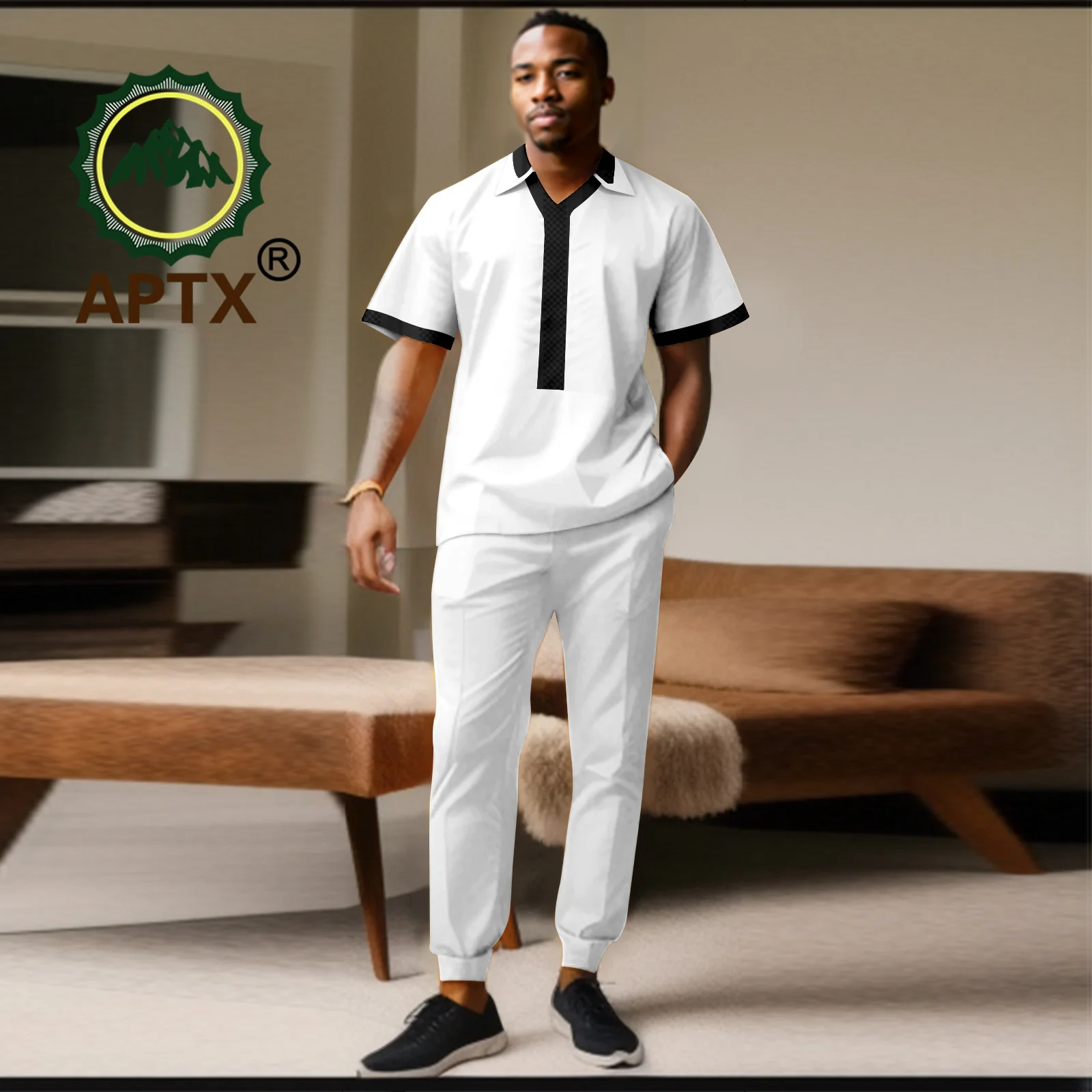 African Clothes for Men Summer V-neck Shirt Pants Patchwork Suit Causal Bazin Riche Attire Traditional Dashiki Wear A2316083