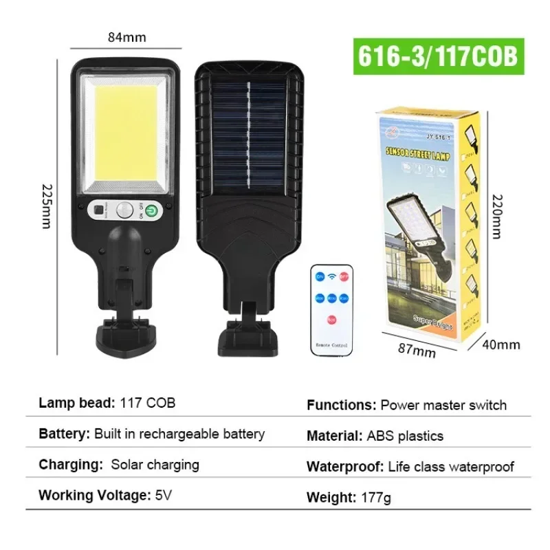 3つの照明モードを備えた117cobソーラーLED街路灯,モーションセンサーを備えた防水IP65,安全な壁照明,庭の小道,庭に最適