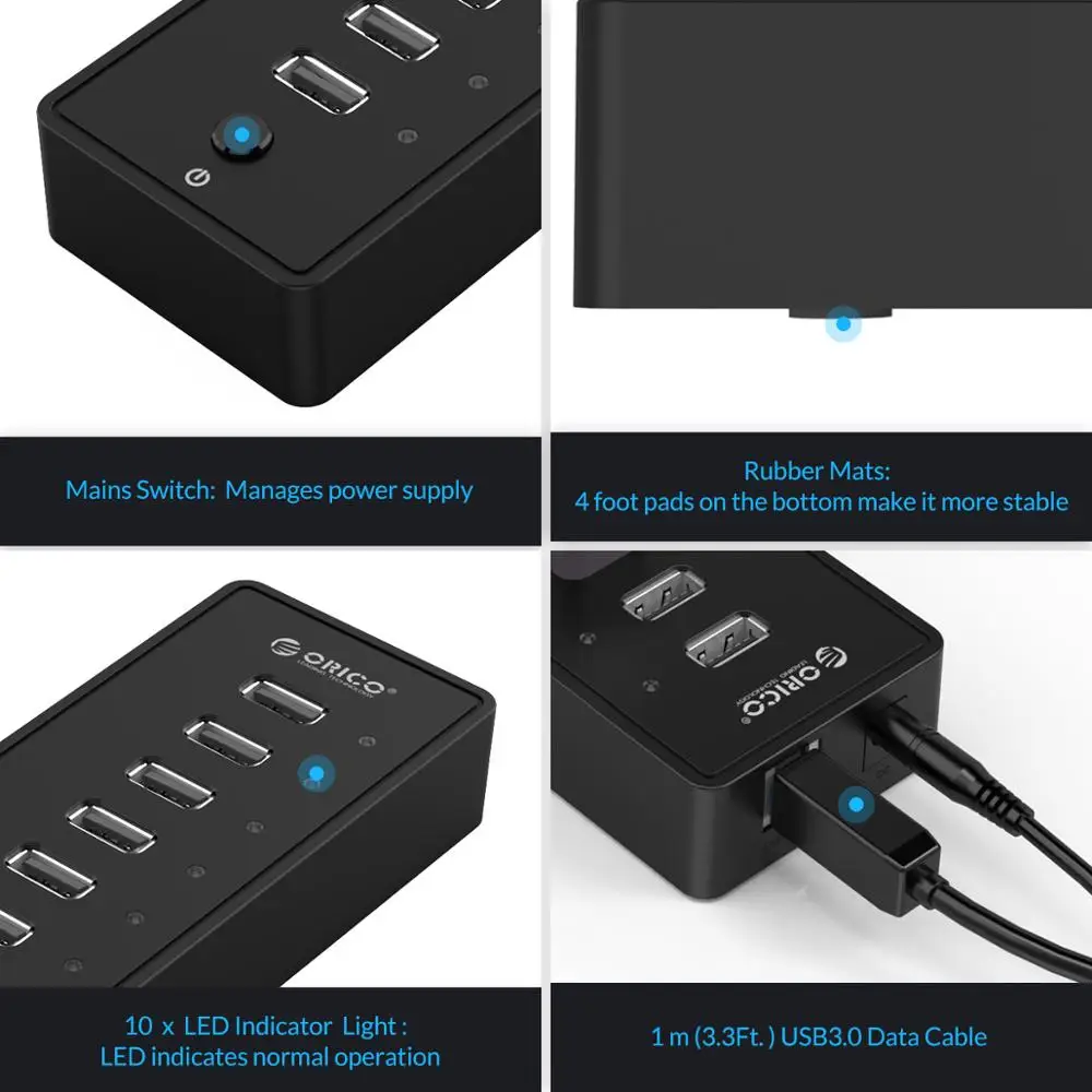 ORICO USB HUB 10 Ports USB Splitter With On-Off Switch 12V Power Adapter High Speed USB Hub For PC Laptop Computer Accessories