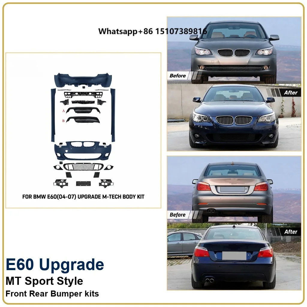 Car E60 Upgrade MT Sport Style Front Rear Bumper Wide Body Kit With Grille for 5 Series E60 2004-2010 Conversion Kit