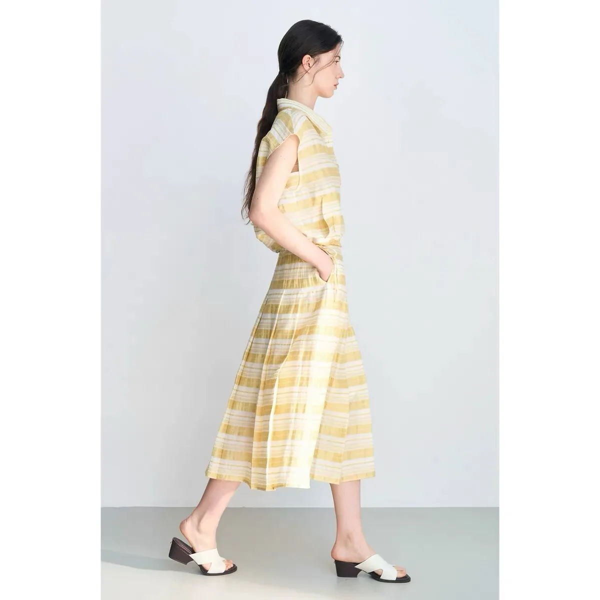 Lemon Cheese Summer Anti-Aging Striped Commute Collar Short Sleeve A-Line  Skirt Women's Fashion Straight Tube Top