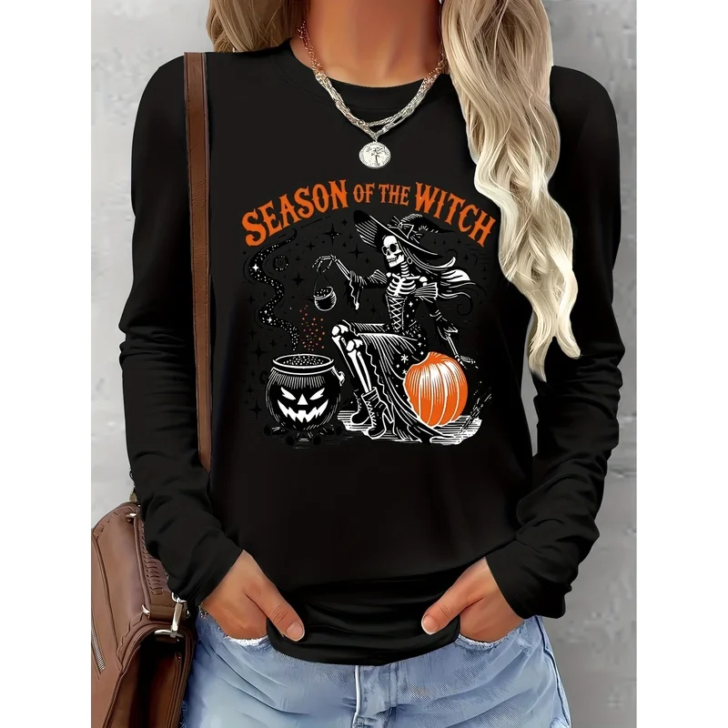 Women Long Sleeve T-shirt Season Of The Witch Skeleton Pumpkin Print Crew Neck Casual Tee