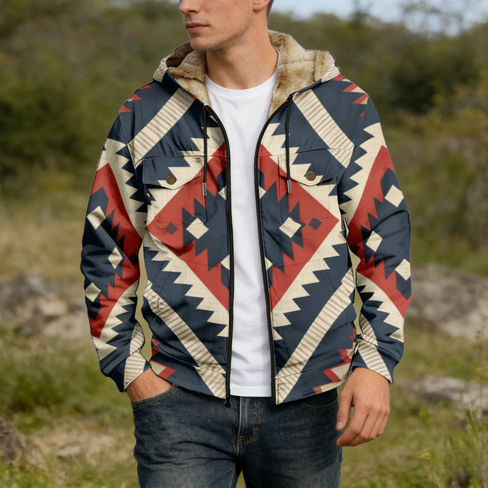 Men's Retro Geometric Print Fleece-Lined Hooded Jacket Winter Warm Zip Up Coats with Pockets Streetwear Boho Outdoor Jackets