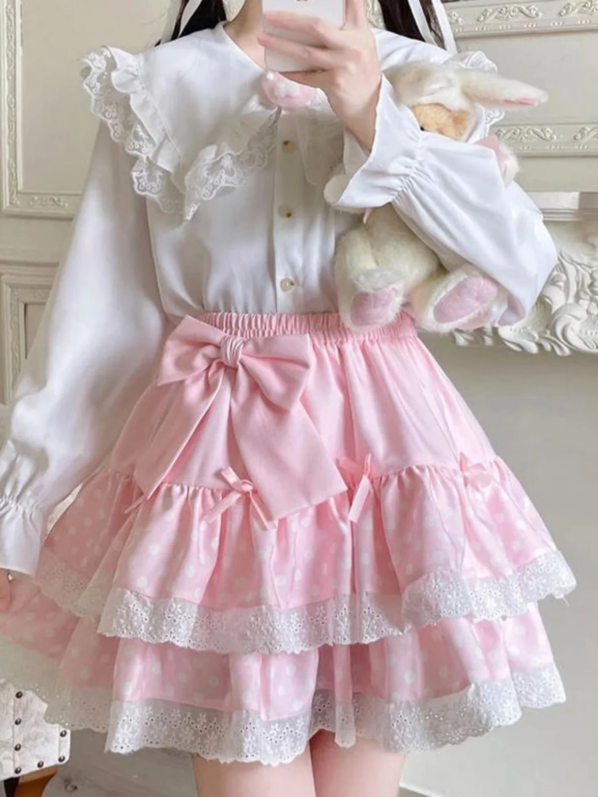 

Women's Polka Dot Lace Skirt with Bow Street Sle mid Waist Cake Skirt Knot Street Faion ort A-Line Skirt