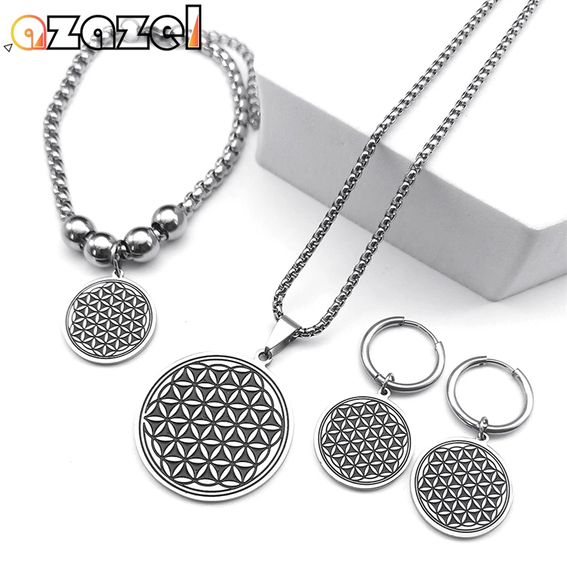 

Flower of Life Stainless Steel Jewelry Set for Women Men Mandala Metatron Sacred Geometry Necklace Earrings Bracelet Jewelry