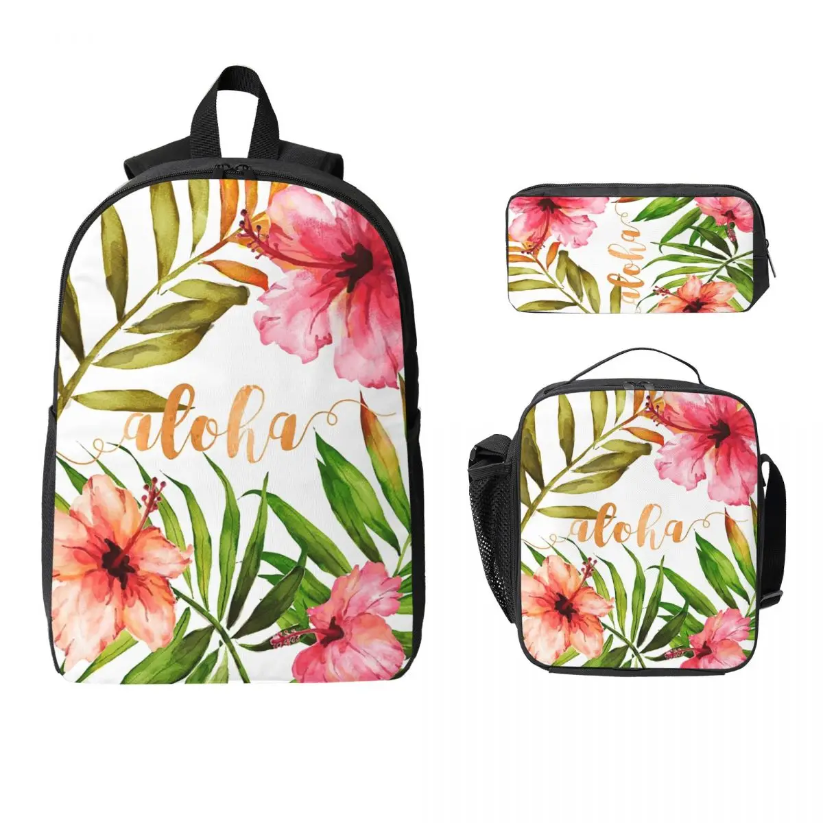 Aloha Tropical Hawaiian Floral Watercolor Backpack BookBag School Bag Computer Shoulder Bags 3ps Insulated Lunch Bag Pencil Case
