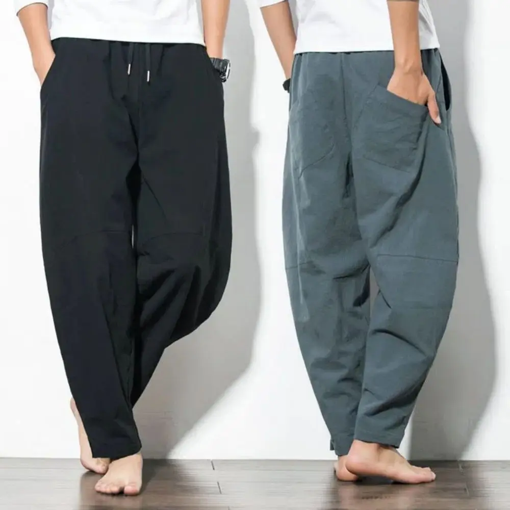 

Chinese Style Harem Pants Men Streetwear Casual Joggers Mens Pants Cotton Linen Sweatpants Ankle-length Men Trousers S-3XL