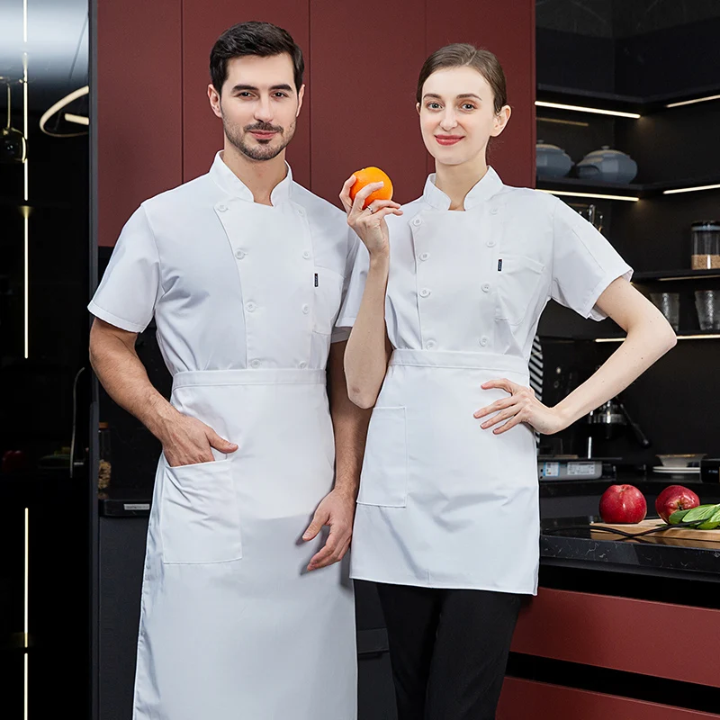 Uniforme feminino de chef de manga curta, casaco de cozinheiro, camiseta preta, uniforme de padeiro, roupas de restaurante e hotel, logotipo para chef