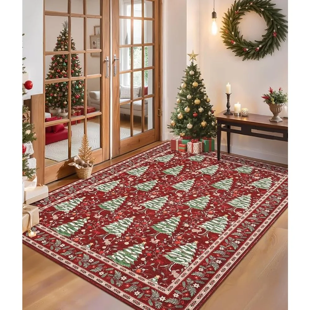 Christmas Carpet Mat Rug Green Red Tree Pattern with Berry Decoration Festive Living Room Soft Floor Mat for Home Decoration