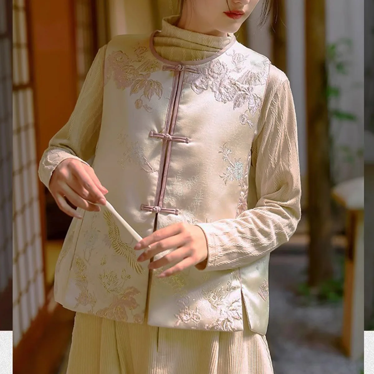 

Autumn Winter Womens Lightweight New Satin Jacquard Vest Handmade Knot Button Up Printed Sleeveless Blazer Jacket Short Tops