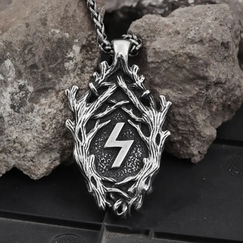 Retro Nordic Men 316L Stainless Steel Lightning Branch Rune Pendant Necklace Punk Men Amulet Jewelry Pendant Necklace