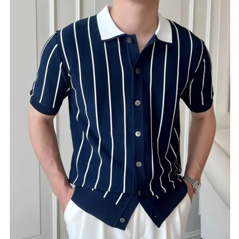 Men's Summer Two-Tone Striped Casual Knit Polo Shirt, Lapel Short Sleeve Cardigan Top, Stylish Business Knit Sweater view 2