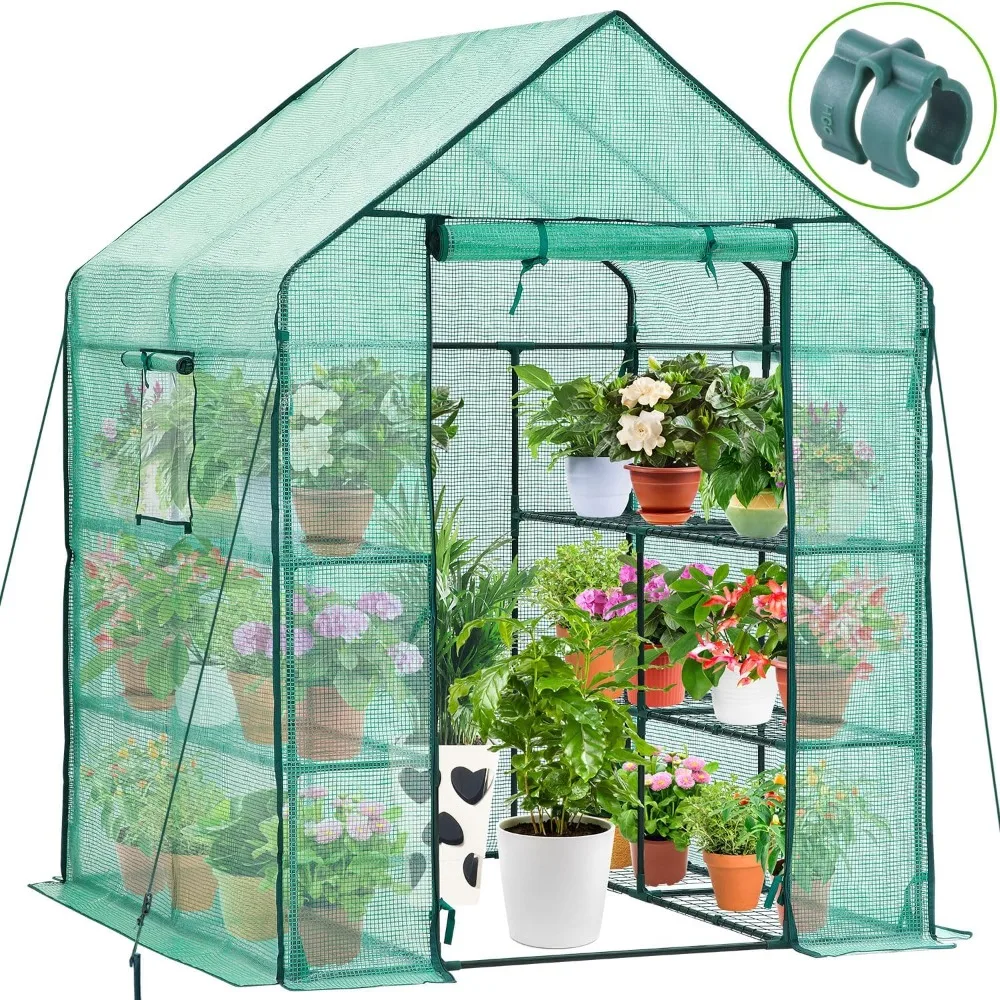 

Outdoor Walk-in Greenhouse, Heavy Duty PE Cover, 3 Tiers 12 Shelves, 4.8x4.8x6.3 FT Plastic Portable Green House with Shelf Clip