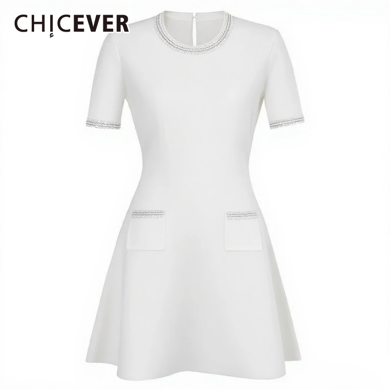 

CHICEVER Solid Spliced Beads Elegant Dress Female O Neck Short Sleeve High Waist Slimming Women's Dresses Summer Style Fashion