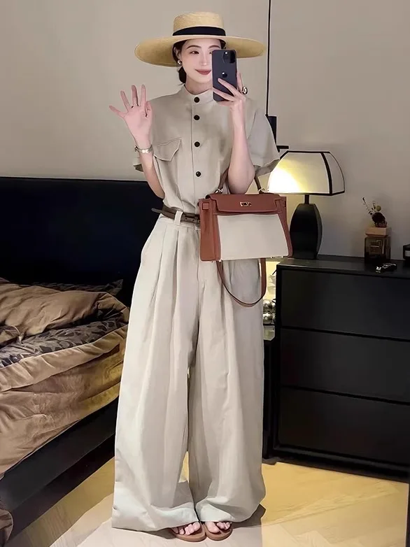 Ele Katoen Linnen Wijde Pijpen Jumpsuit Dames Los Drapey Feel Zomer 2025, Nieuwe Sle Faionable Eendelige Broek