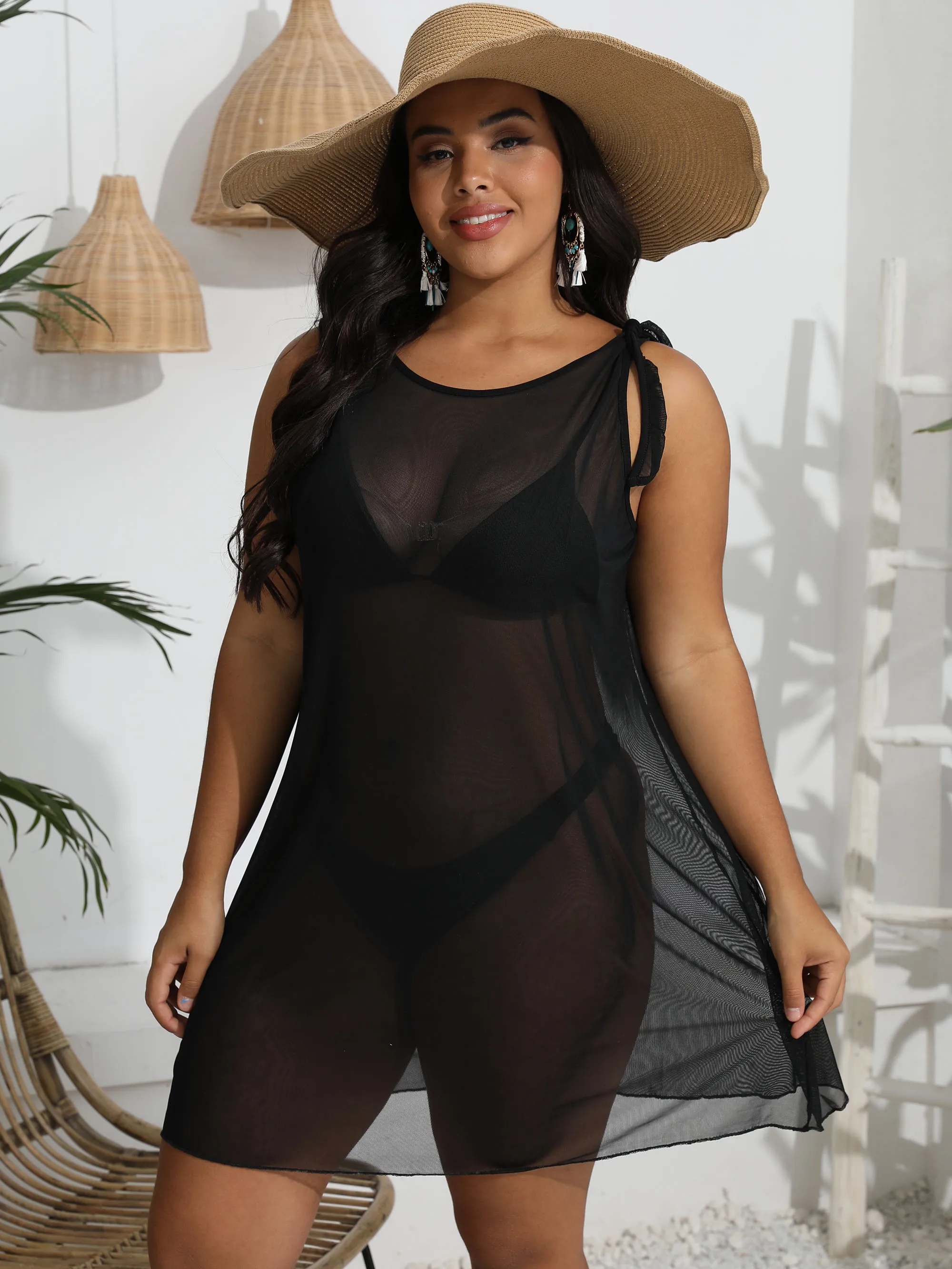 Tie Sheer Beachwear para Mulheres Verão Maiô Cover Up Preto Malha Transporte Vestido Plus Size Swim Cover-ups 2023 Grande 3XL