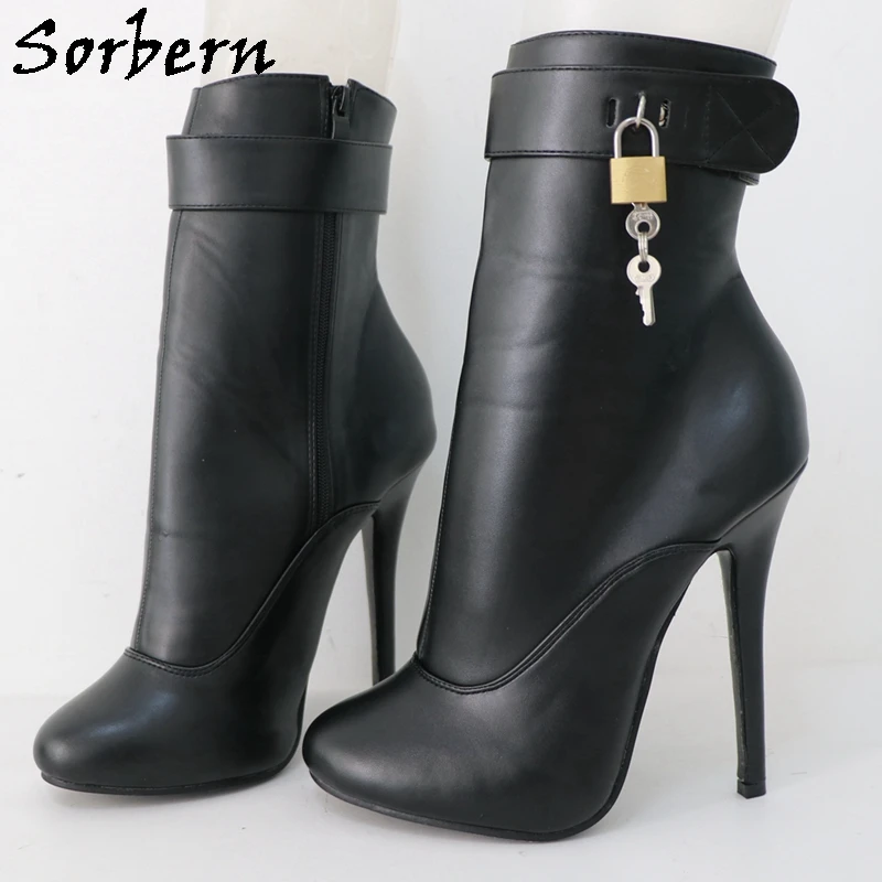 Sorbern Retro Round Toe Boots Women With Locks Ankle High Burlesque Heel Unisex Booties Stilettos Round Toe Custom Size 36-46