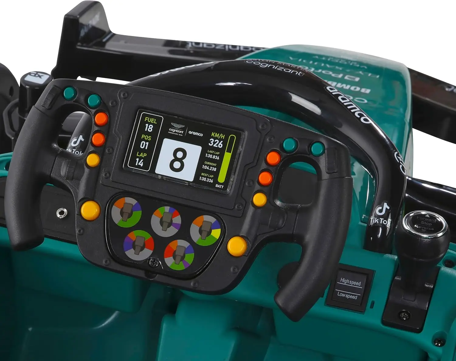 Voiture de course d'équipe Aston Martin Aramco Fórmula Uno 12 V pour 3 à 8 ans, avec télécommande