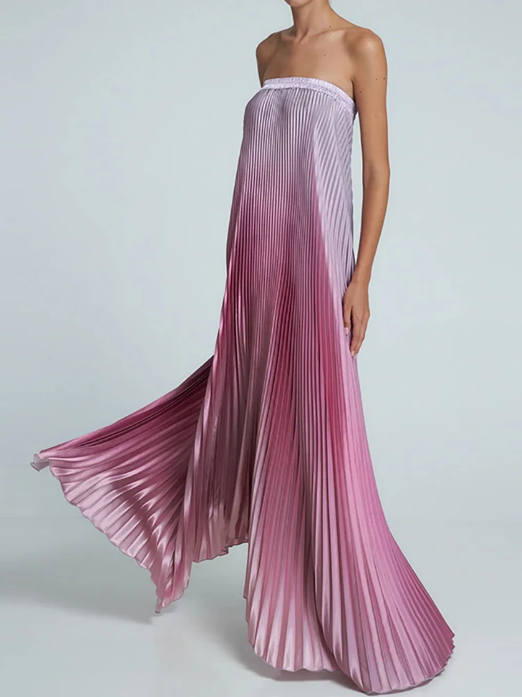 Sommerurlaub Farbverlauf Patchwork Maxikleid, Damenmode trägerloses elegantes Partykleid, ärmelloses einfaches schickes Damenkleid