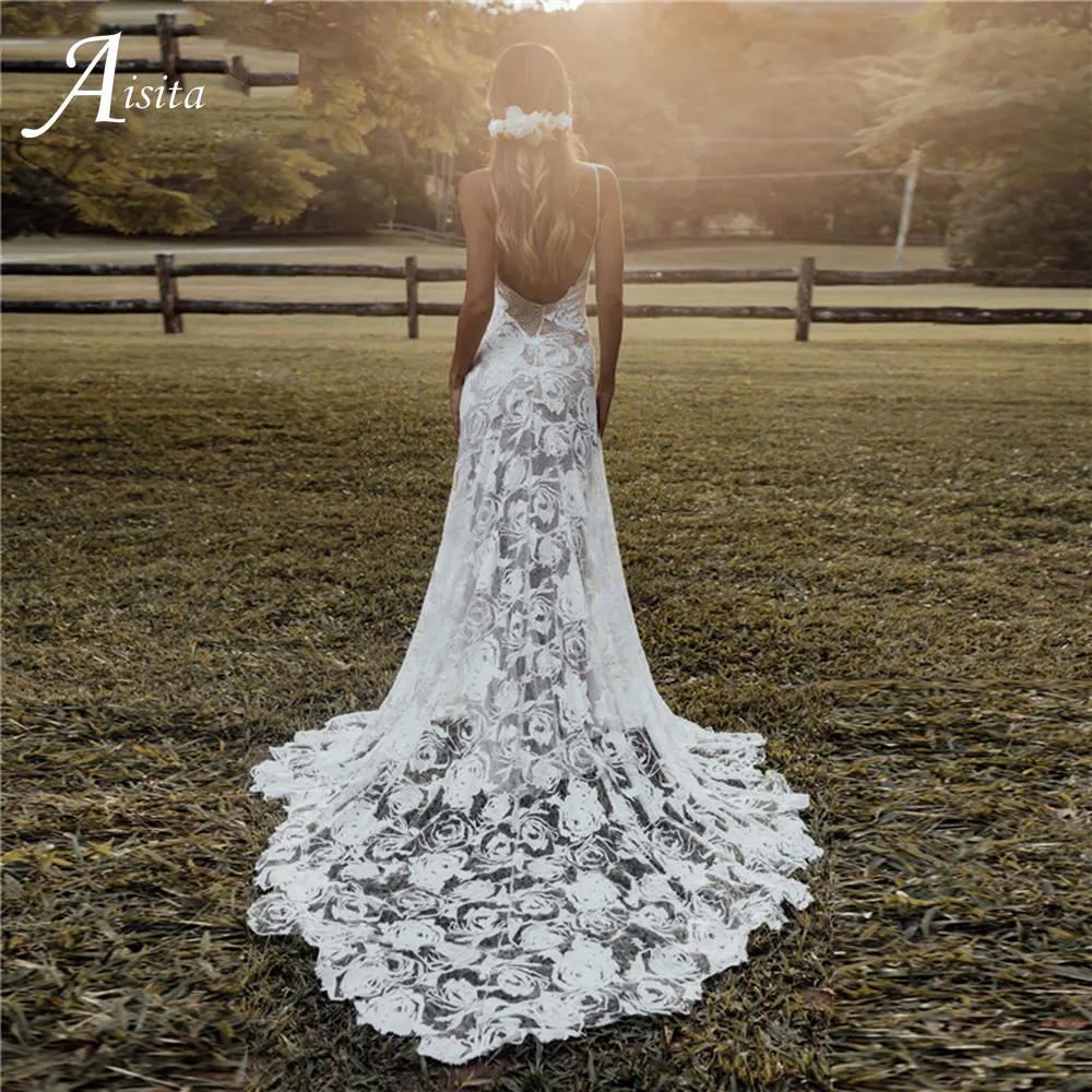 

Boho Spaghetti Strap Tulle Sweep Train Mermaid Wedding Dresses Grace Appliques customized Bridal Gown Demure Vestido De Noiva