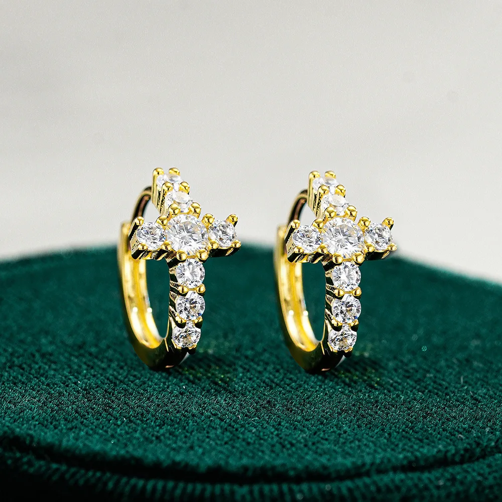 Luxury 100% Real 18k Gold Men's and Women's Hip-Hop Moissanite Diamond Earrings Square Cross Earrings