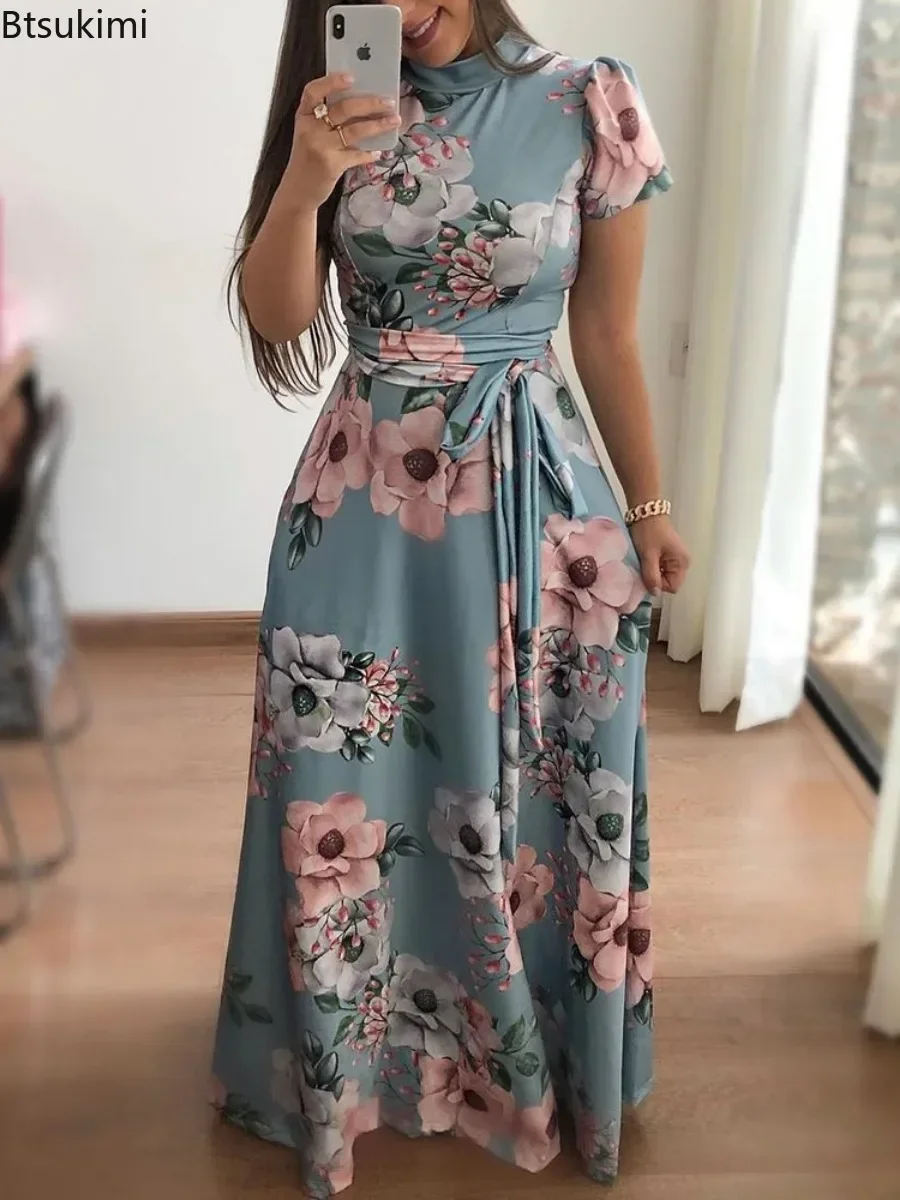 New 2026 Women\'s Summer Casual Floral Print Dress Luxury Retro Fashion Round Neck Mid Waist Comfortable Large Swing Dress Female