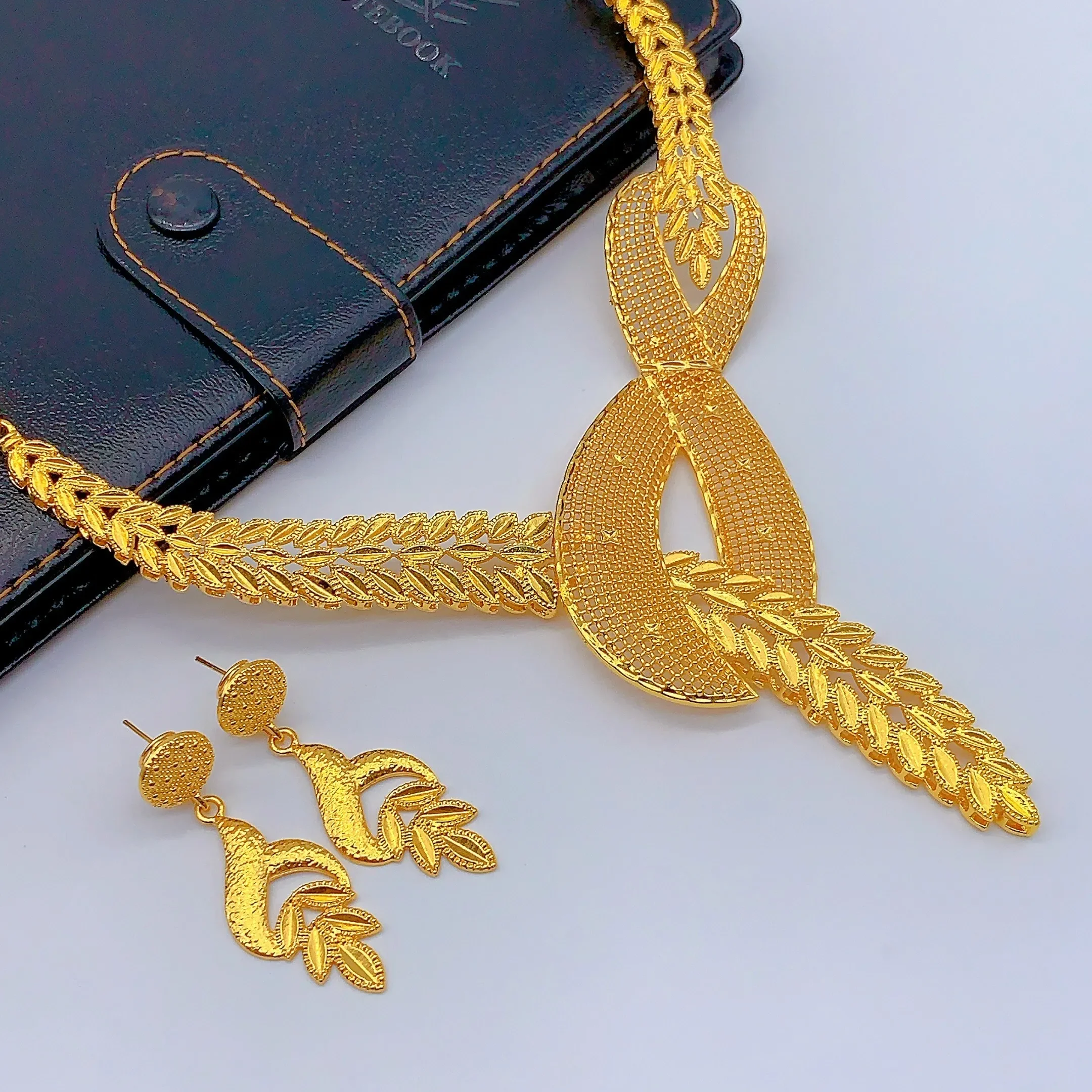 Brazilian 24K Gold Color Jewelry Sets for Women Dubai Pendant Necklaces Earrings Two Pieces Set Eritrean Wedding Party Gifts