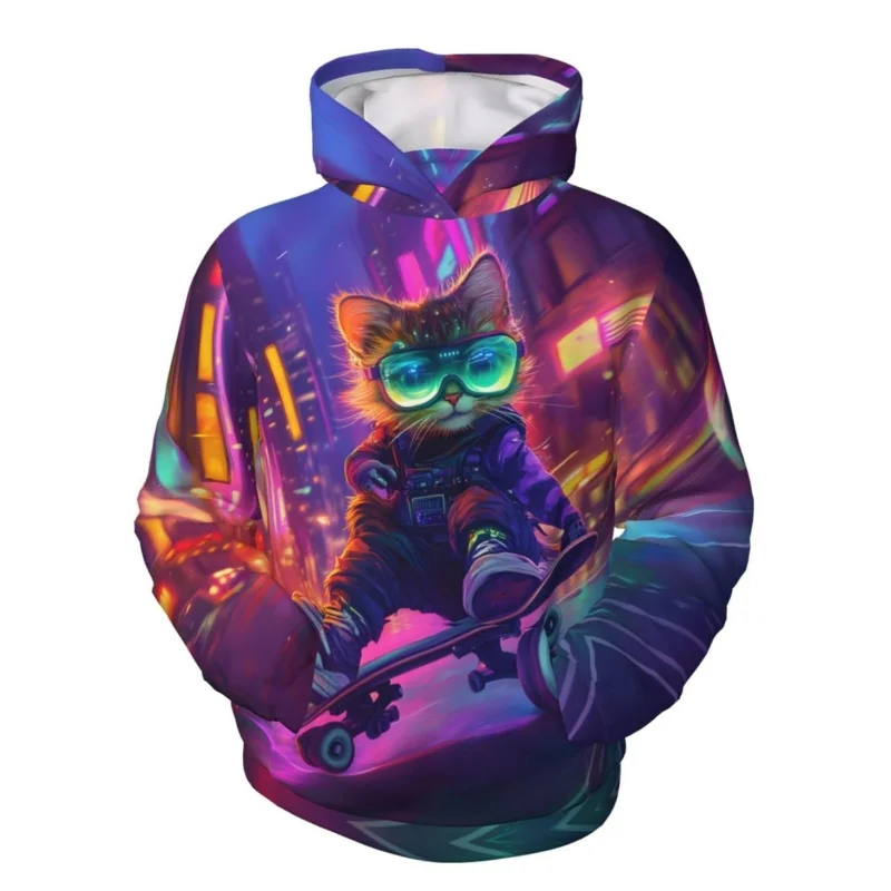 3D Printed Unicorn Cat Hoodie For Men Pizza DJ Cosmic Pattern Sweatshirt Autumn Casual Tops Loose Pullovers Long Sleeves Hoodies