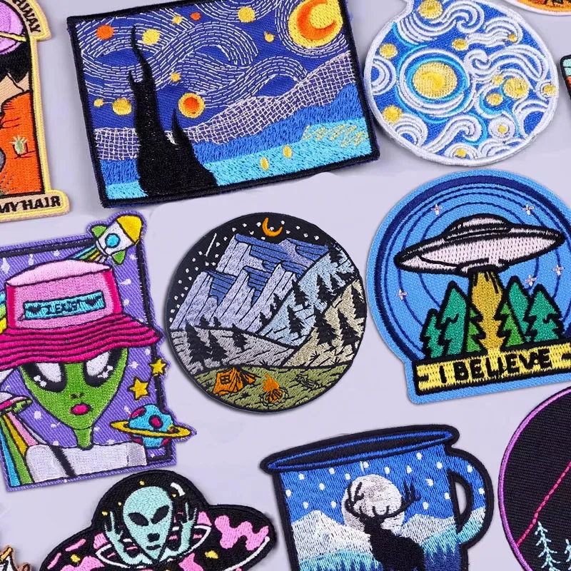 Écusson de broderie de peinture à l'huile de Van Gogh, extraterrestre, OVNI, fer sur des patchs pour vêtements, thermoadhésif, vêtements, veste, bricolage