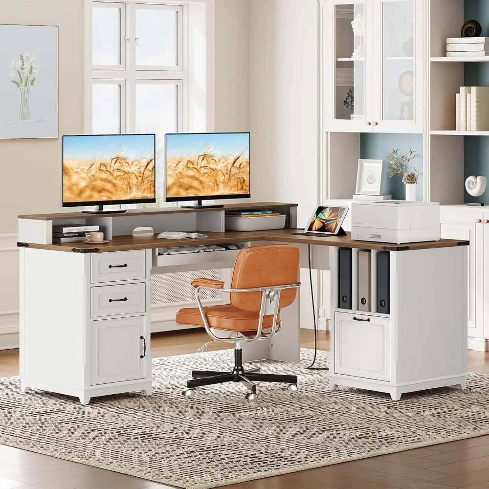 

Farmhouse 69" Executive L Shaped Desk with Drawer, Home Office Desk with Charging Station, Corner Computer Desk with Monitor Sta