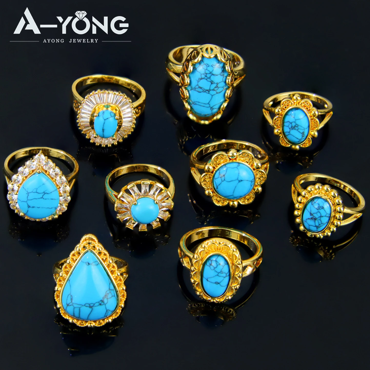 Luxury Turquoise Gold Color Rings 21k Gold Plated Vintage Arab Elegant Cocktail Ring Italian Dubai Women Party Jewelry Gift