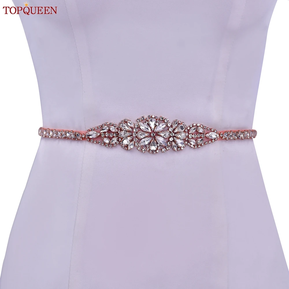 

TOPQUEEN Rose Gold Jewelry Bridal Thin Sash Wedding Accessories Bridesmaid Belt Prom Dress Waist Decoration Applique S489-RG