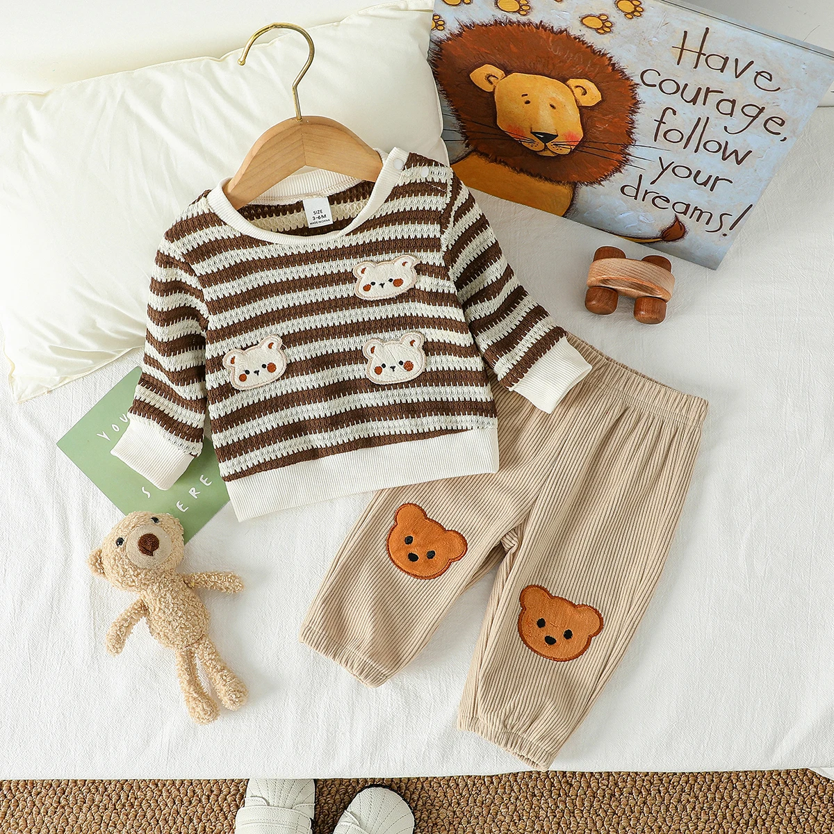 

2Pcs Baby New Style Fashion Boys Autumn Long Sleeve Top With Striped & Solid Pants With Bear 1-3Y Casual Daliy Wear Clothes Set